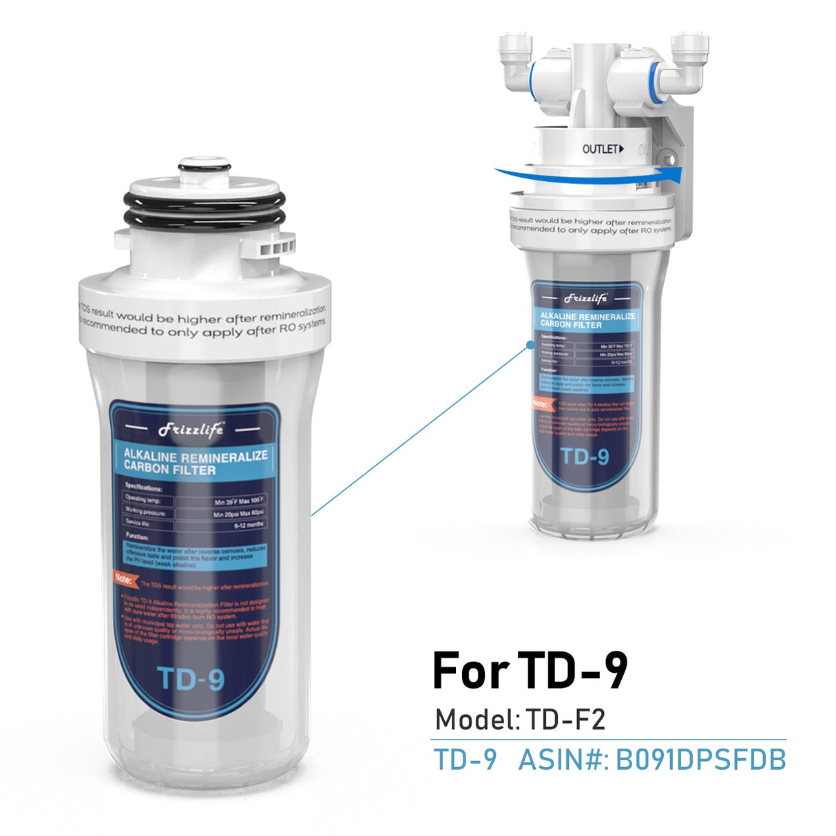 Frizzlife TD-F2 Replacement filter cartridge for TD-9, remineralization alkali-filter