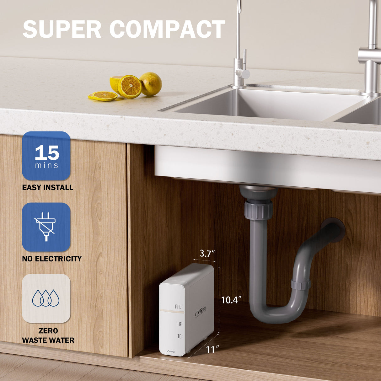 Frizzlife GX99 0.01 μm Ultrafiltrations-Wasserfiltersystem für unter die Spüle, mit speziellem Wasserhahn aus gebürstetem Nickel
