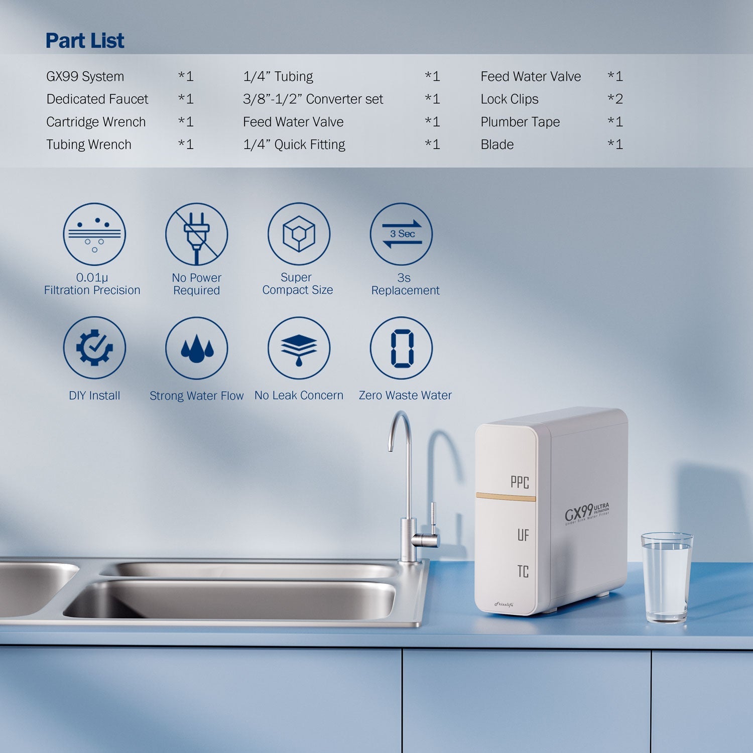 Frizzlife GX99 0.01 μm Ultrafiltrations-Wasserfiltersystem für unter die Spüle, mit speziellem Wasserhahn aus gebürstetem Nickel