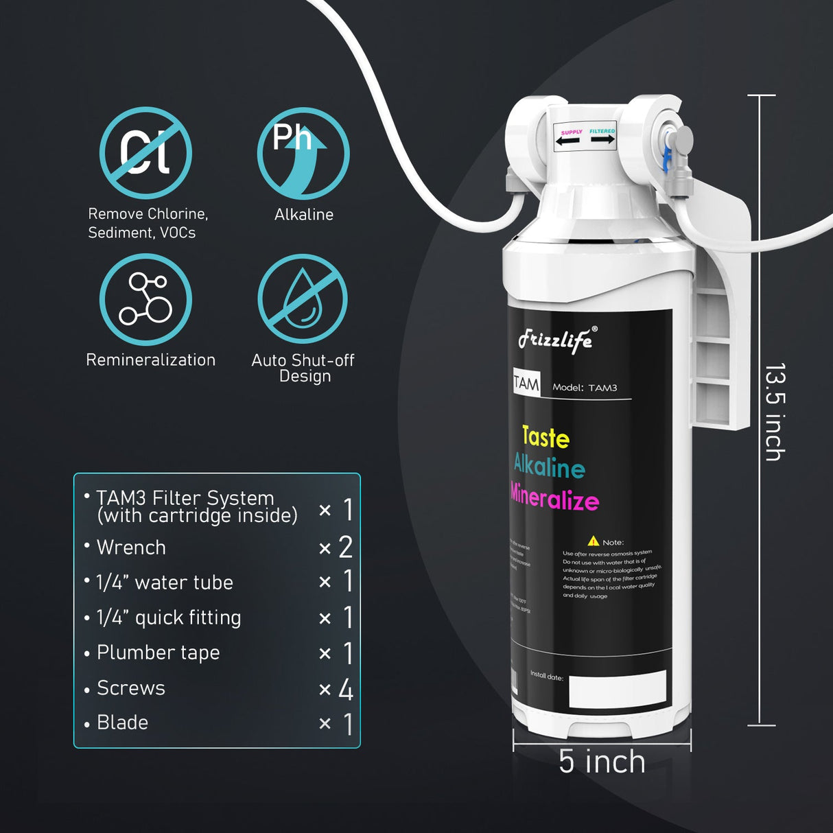 Frizzlife Tam3 of alkaline remineralization water filter for under the sink-1/4 inch quick connection after-filter for RO reversal osmosis filter system