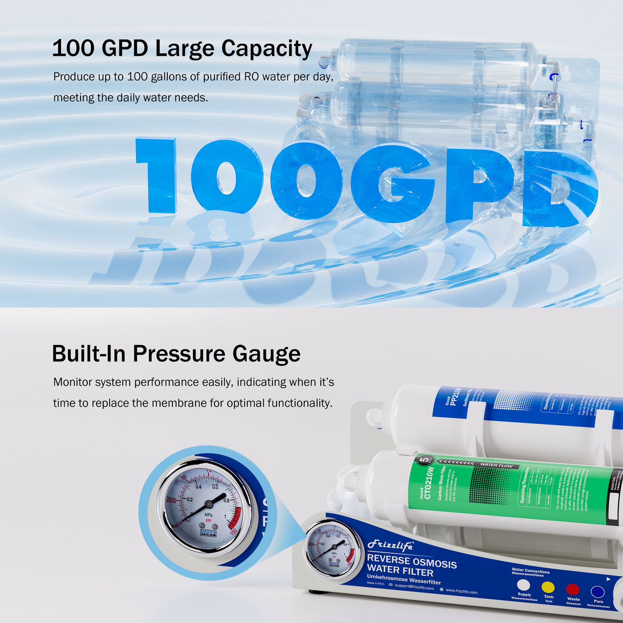 Sistema di osmosi inversa Frizzlife BFRO100 per acquari, sistema di filtrazione dell'acqua potabile RO a 3 stadi con manometro, compatto, 100 GPD