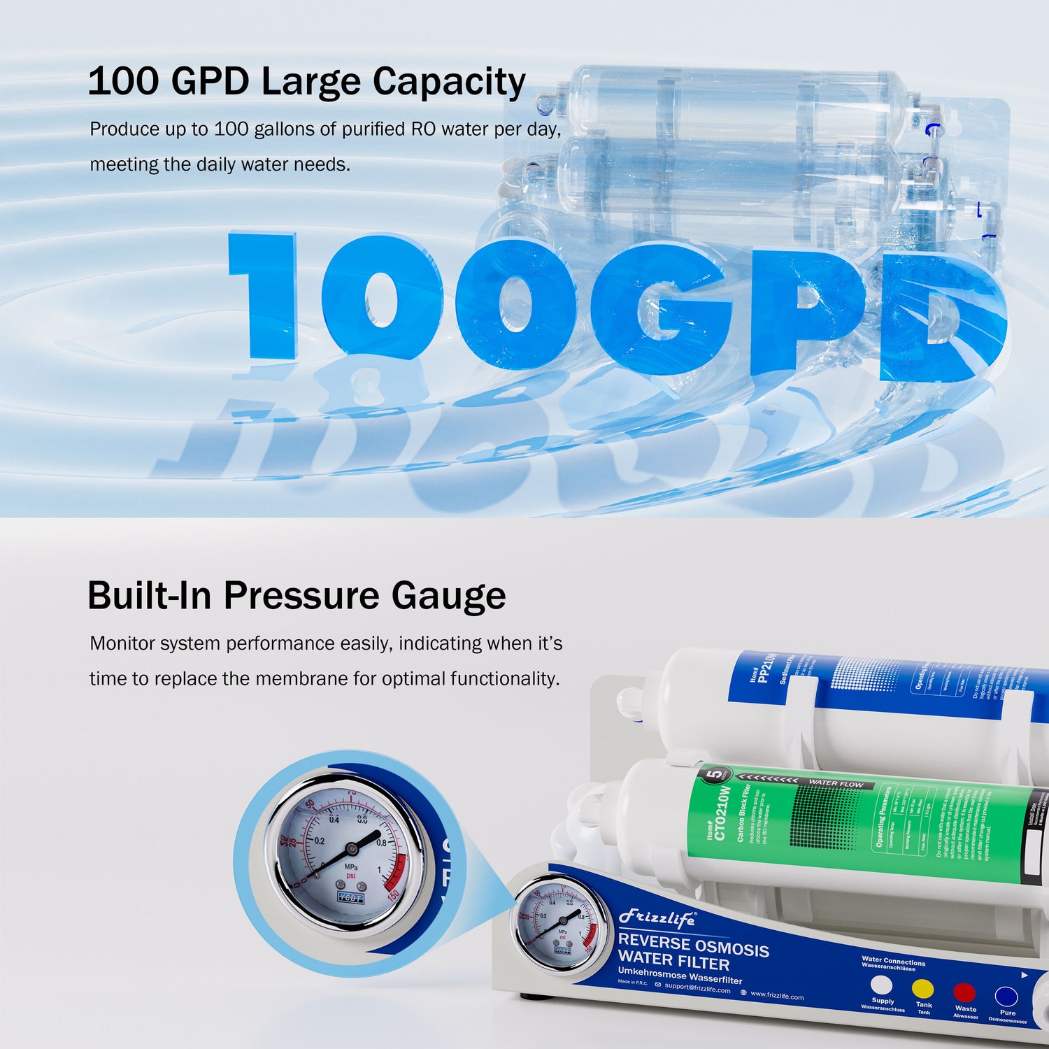 Sistema de ósmosis inversa Frizzlife BFRO100 para acuarios, sistema de filtración de agua potable de 3 etapas con manómetro, compacto, 100 GPD