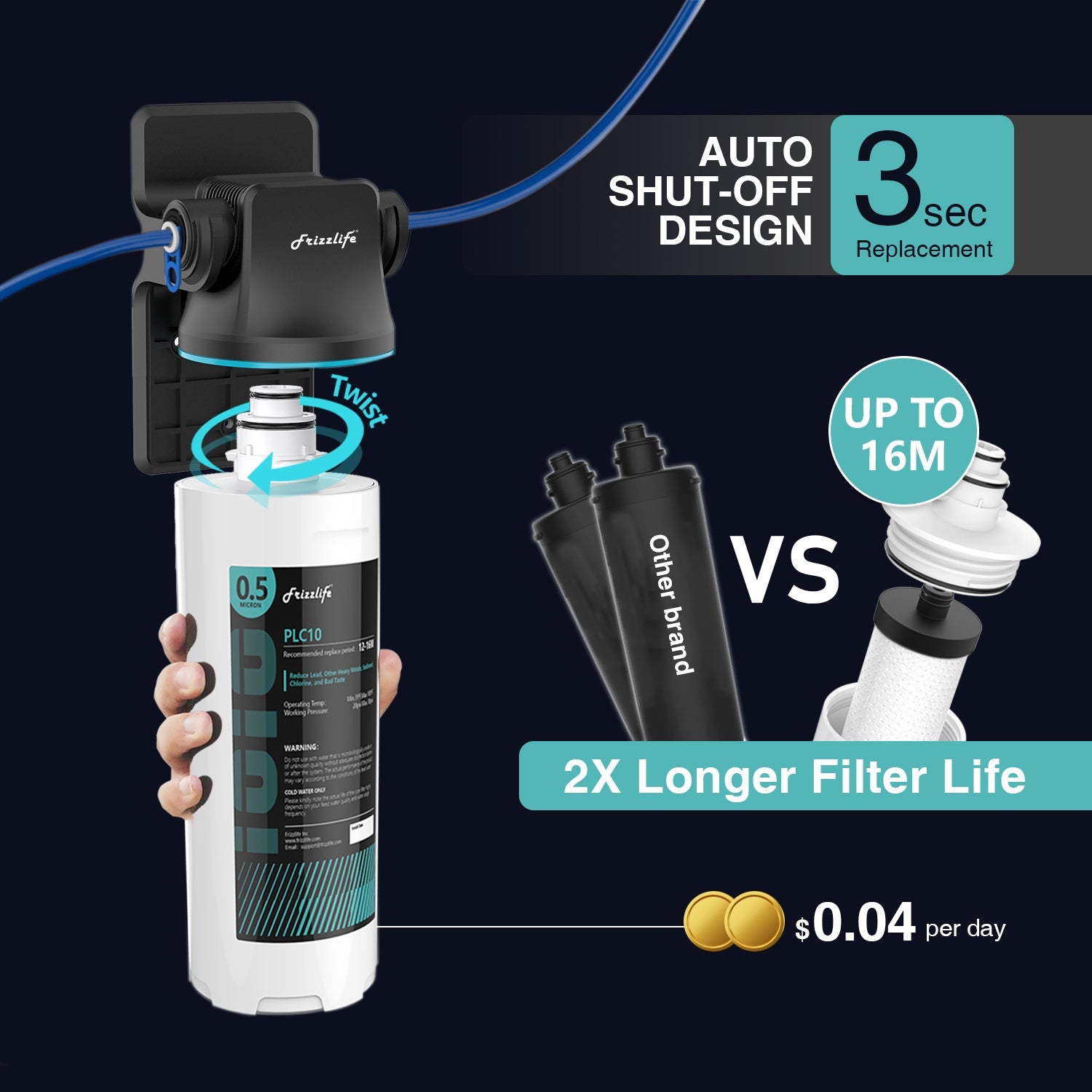 Sistema de filtro de agua debajo del fregadero con conexión directa Frizzlife SW10F/SW15F/SW20F, reduce el 99,99 % del plomo, el cloro, el mal sabor y el olor.