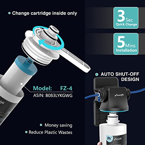 Frizzlife TAM4 Inline-Wasserfilter für unter die Spüle – alkalischer pH+-Remineralisierung, NSF/ANSI 42-zertifiziert, Geschmack und pH-Wert anpassen, wichtige Mineralien wiederherstellen, 1/4-Zoll-Rohr passend für Umkehrosmosesysteme