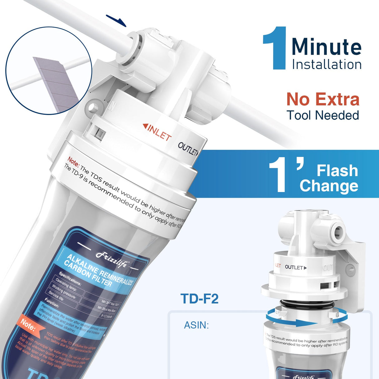 Frizzlife TD-9 alkaline remineralization inline liner filter under the sink-follow-up filter for Ro-reversal osmosesystem