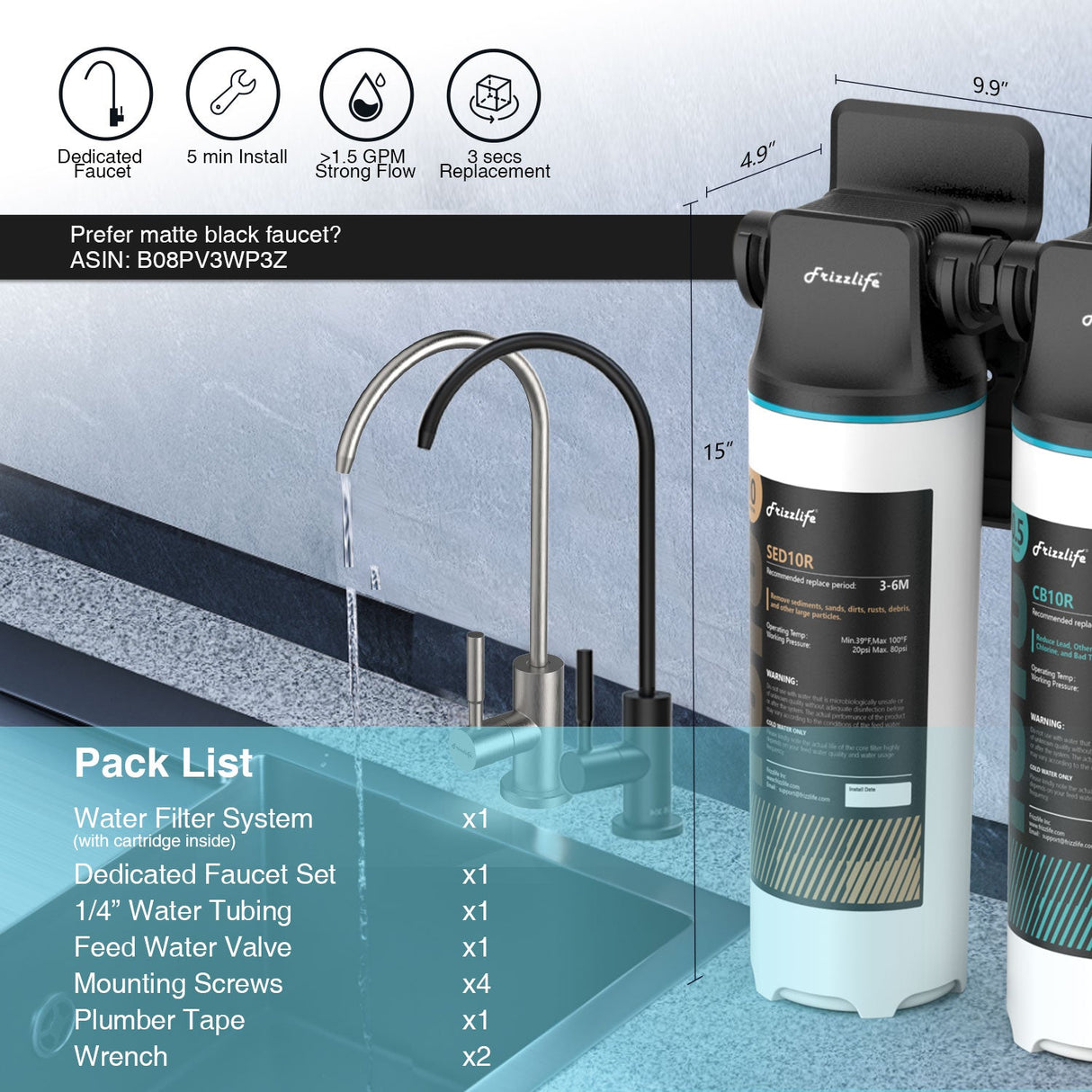 Frizzlife DW10F/DW15F Untertisch-Wasserfiltersystem mit Wasserhahn aus gebürstetem Nickel, NSF/ANSI 53&42 zertifizierte Elemente