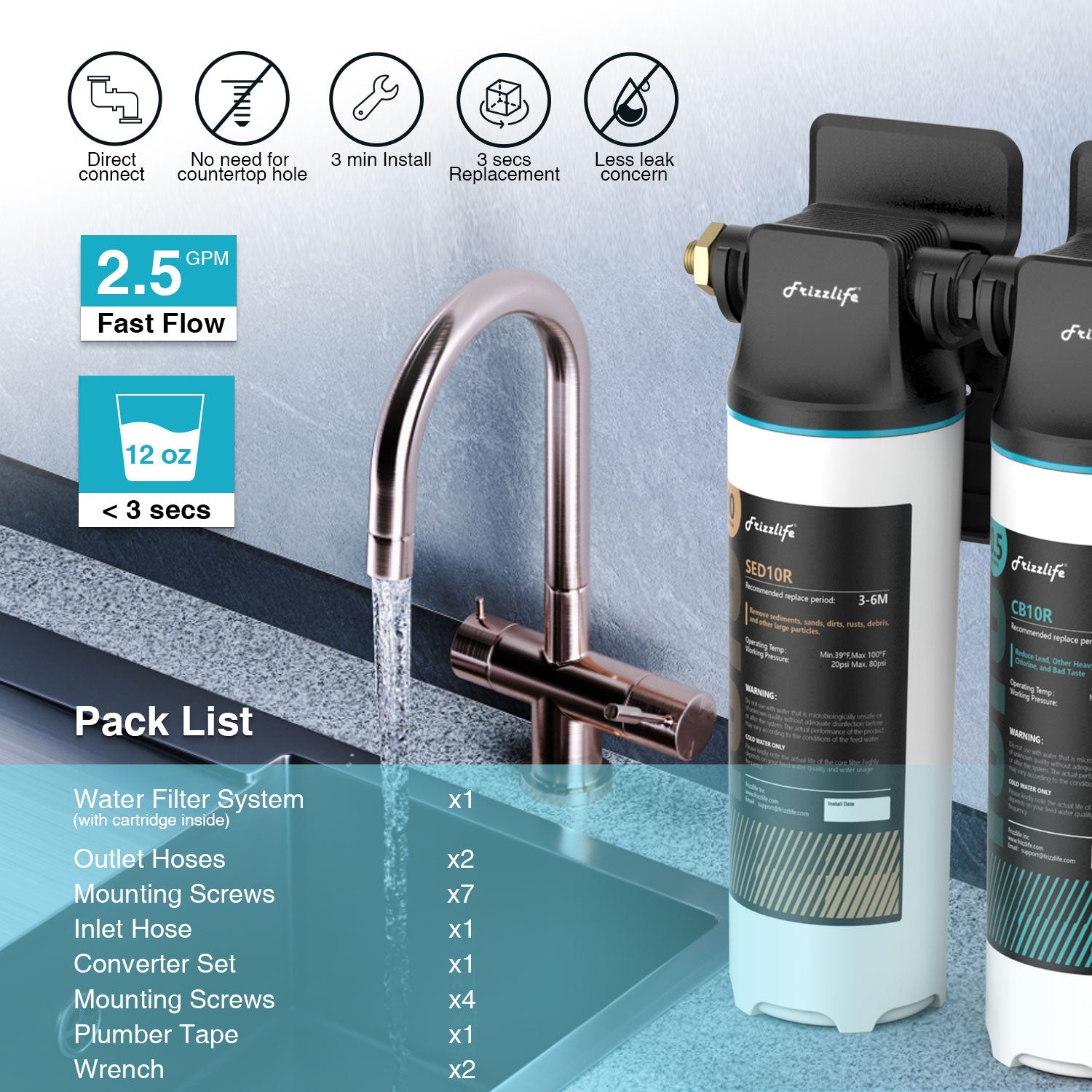 Sistema de filtración de agua debajo del fregadero Frizzlife DW10, componentes con certificación NSF/ANSI 53 y 42, filtro de agua de 2 etapas conectado directamente