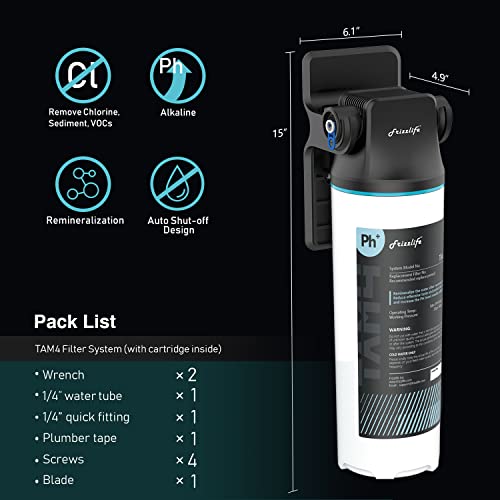 Frizzlife Tam4 Inline water filter for under the sink-alkaline pH+remineralization, NSF/ANSI 42-certified, adapt taste and pH, restore important minerals, 1/4-inch tube suitable for reverse osmoses systems