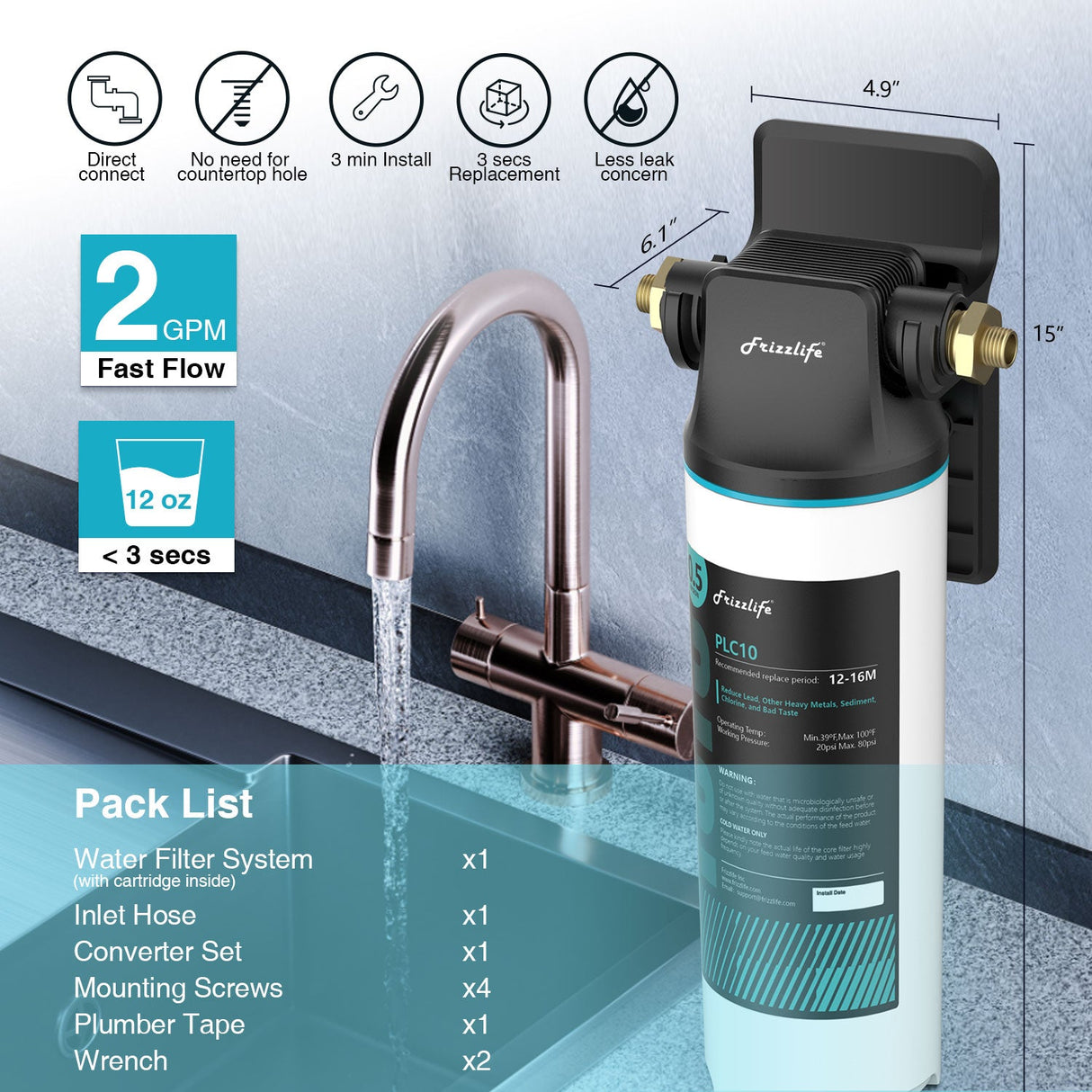 Frizzlife SW10/SW15/SW20 Direct connection water filter system under the sink, reduces 99.99% of lead, chlorine, bad taste and odor