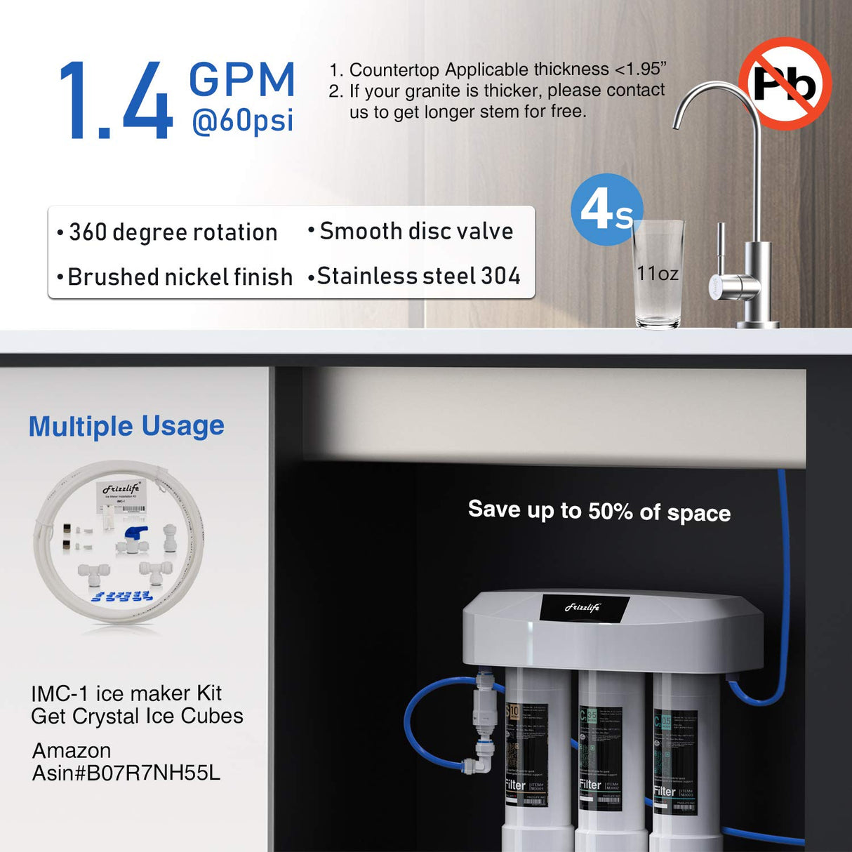 Frizzlife under-table water filter system with brushed nickel water tap SP99-new