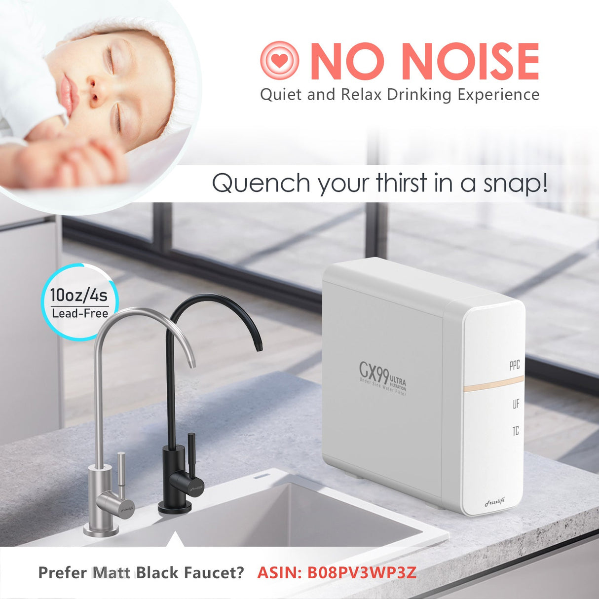 Frizzlife GX99 0.01 μm Ultrafiltration's water filter system for under the sink, with a special tap made of brushed nickel