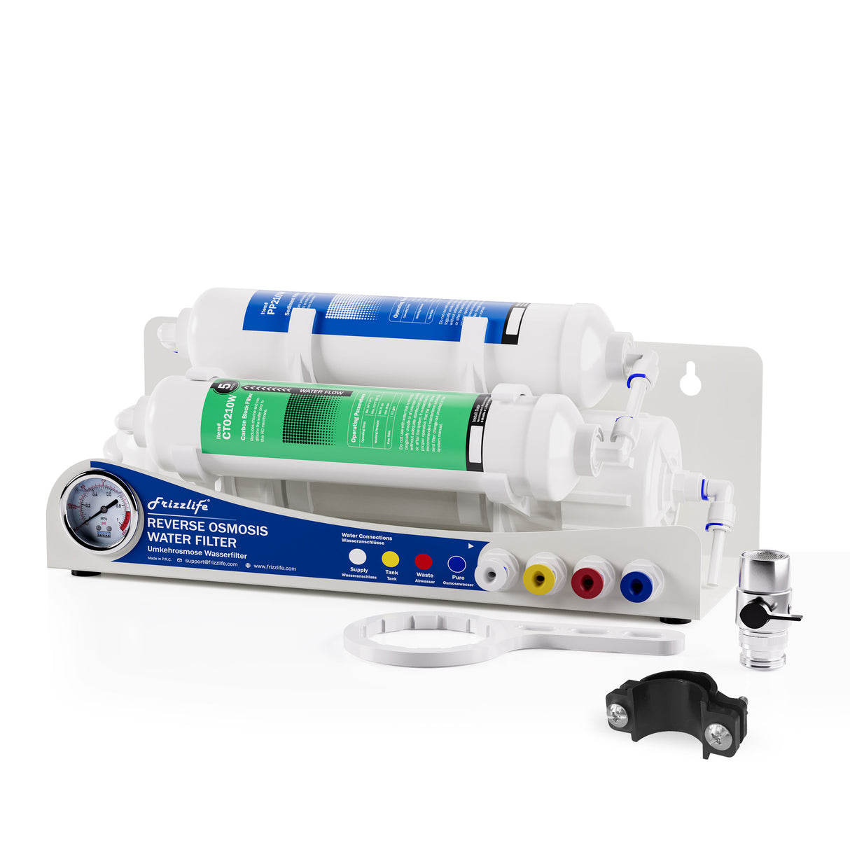 Frizzlife BFRO100 Umkehrosmosesystem für Aquarien, 3-stufiges RO-Trinkwasserfiltersystem mit Druckmesser, kompakt, 100 GPD