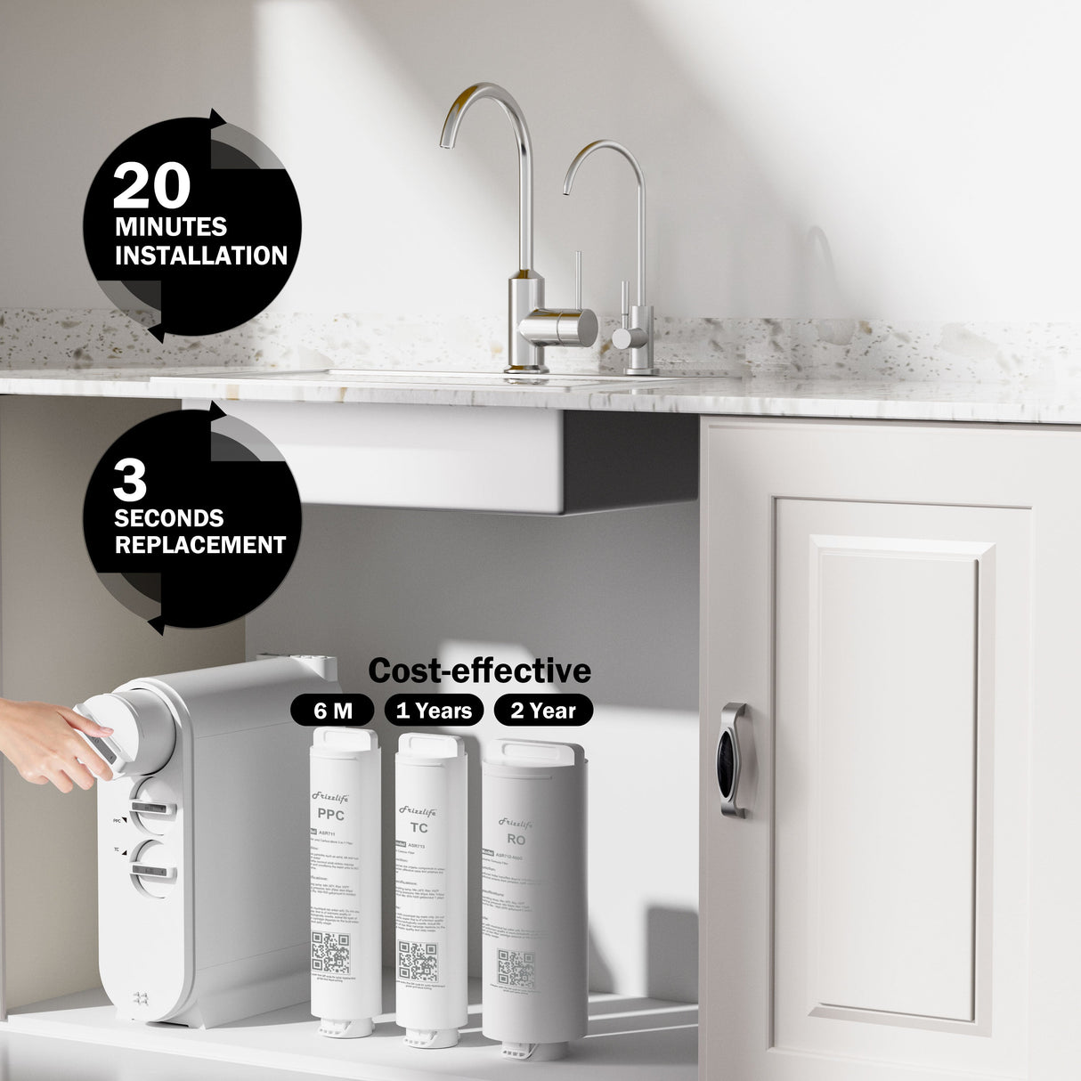 Frizzlife Umkehrosmose-Wasserfiltersystem – 600 GPD Fast Flow Untertisch-RO-Wasserfilter, tanklos, reduziert TDS, 8 Stufen, 1.5:1 Pure to Drain, kompakt, PX600