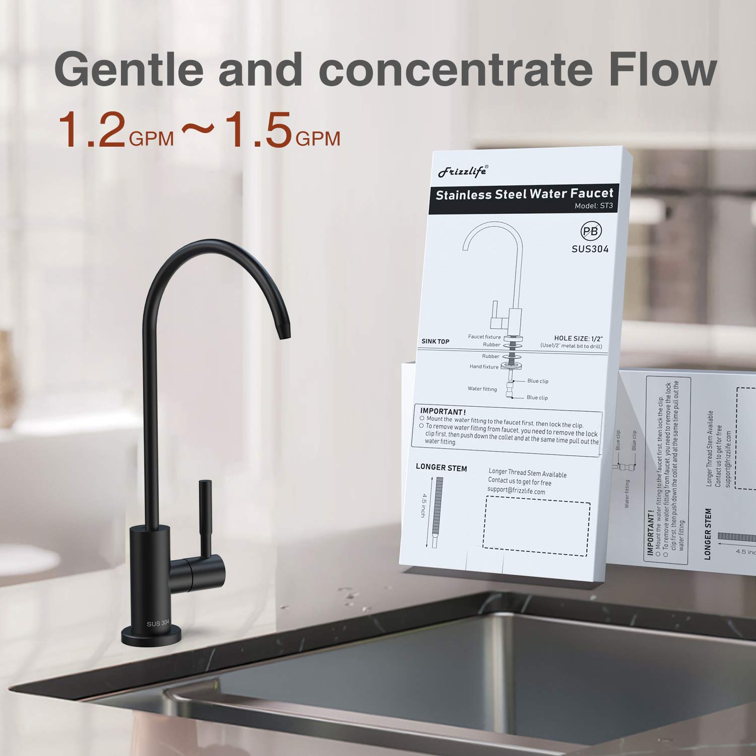 Grifo con filtro de agua Frizzlife RO: compatible con la mayoría de los sistemas de ósmosis inversa y filtración de agua. Acero inoxidable SUS304, color negro.