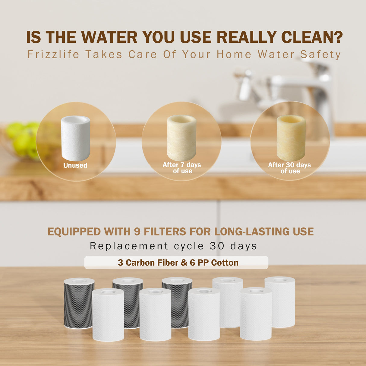 Frizzlife FF1080 Water tap extension, 8 replacement cartridges, 2 carbon fiber and 6 PP cotton filters