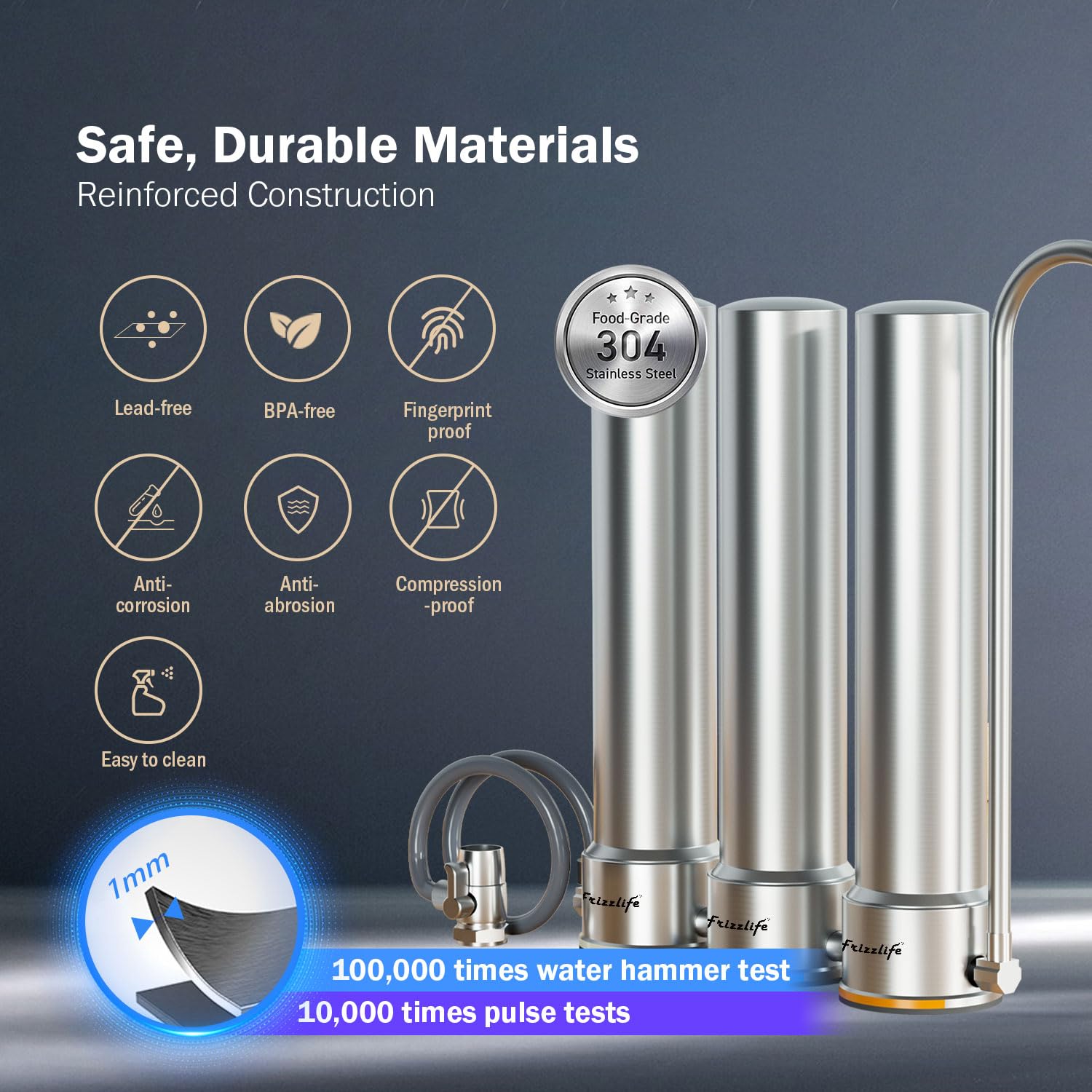 Frizzlife TS99-S water filter system for the worktop, 9-stage water filtration for water taps made of stainless steel, 0.5 micron NSF-certified elements reduce 99.99 % lead, chlorine, heavy metals, boiler stone and lime