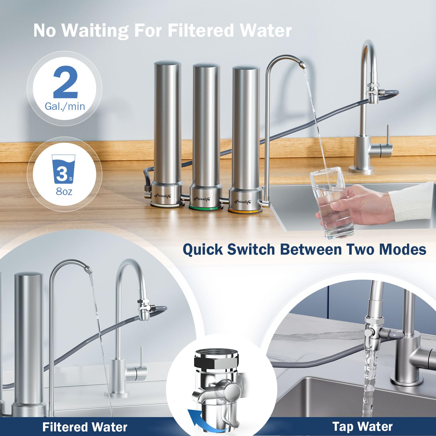Frizzlife TS99-S water filter system for the worktop, 9-stage water filtration for water taps made of stainless steel, 0.5 micron NSF-certified elements reduce 99.99 % lead, chlorine, heavy metals, boiler stone and lime