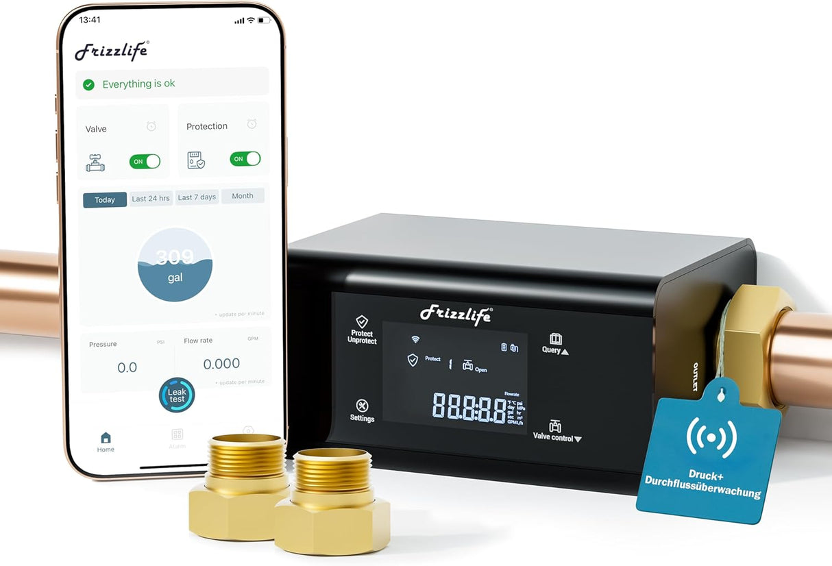 Moniteur d'eau intelligent Frizzlife LP365 avec arrêt automatique-0, 04LProtection contre les fuites par ultrasons, Wi-Fi/application, surveillance en temps réel, rapports de consommation d'eau 24h/24 et 7j/7, pour tuyaux de 3/4" et 1".