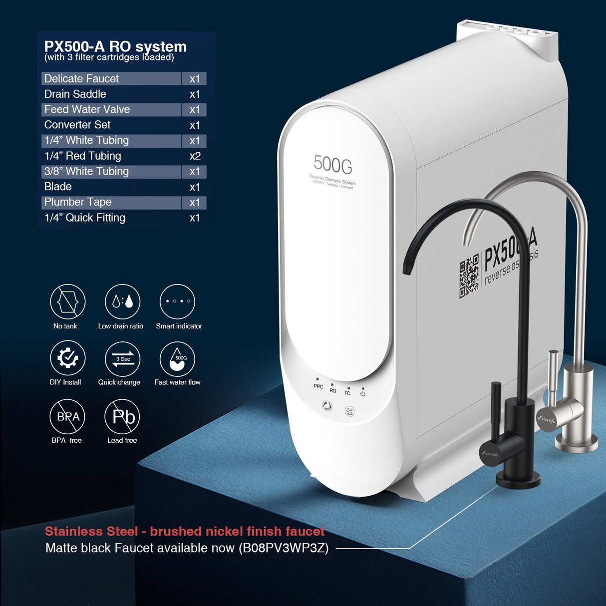 Frizzlife 500 GPD Durchlauferhitzer-Umkehrosmosesystem mit Alkalinisierung und Remineralisierung, PX500-A
