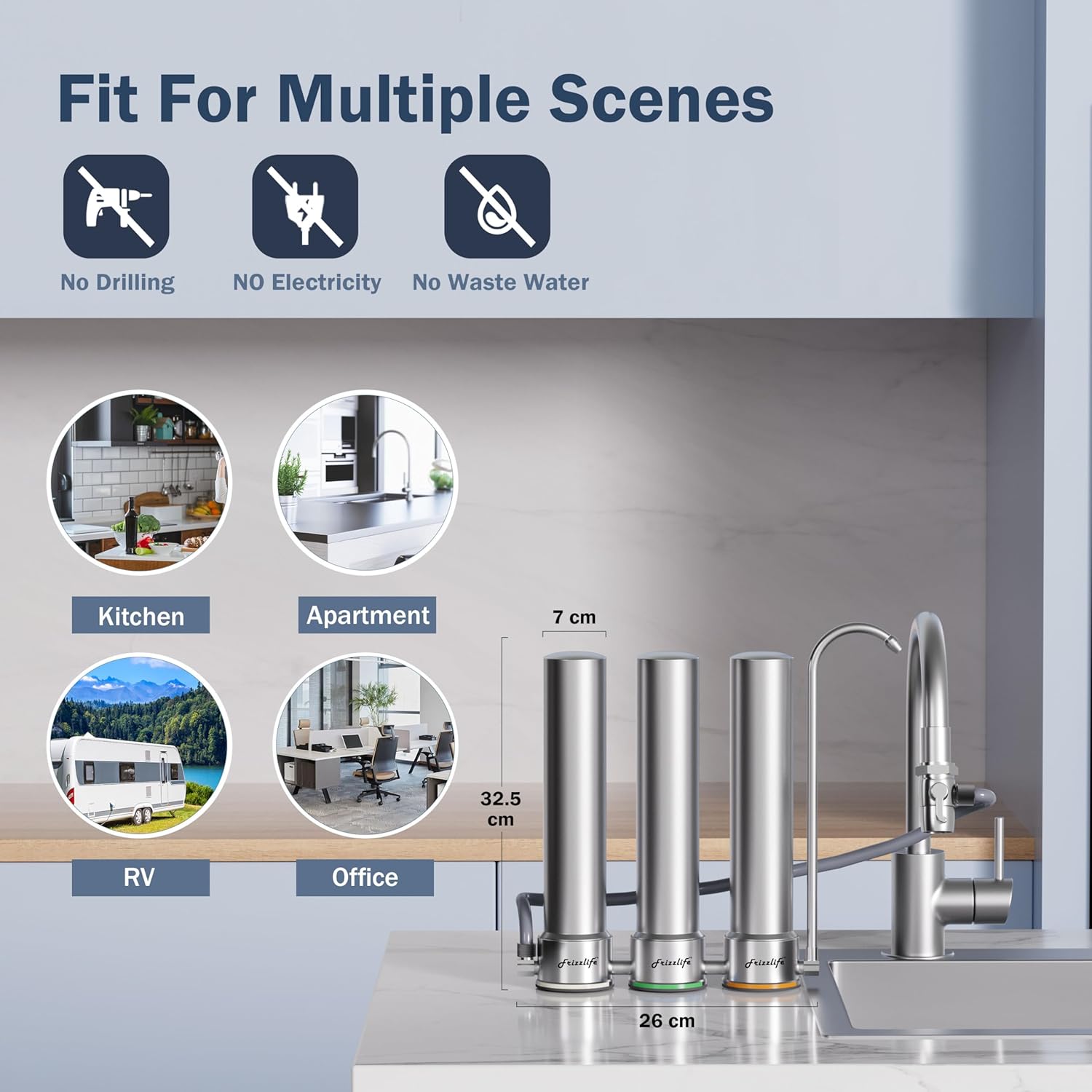 Frizzlife TS99-S water filter system for the worktop, 9-stage water filtration for water taps made of stainless steel, 0.5 micron NSF-certified elements reduce 99.99 % lead, chlorine, heavy metals, boiler stone and lime