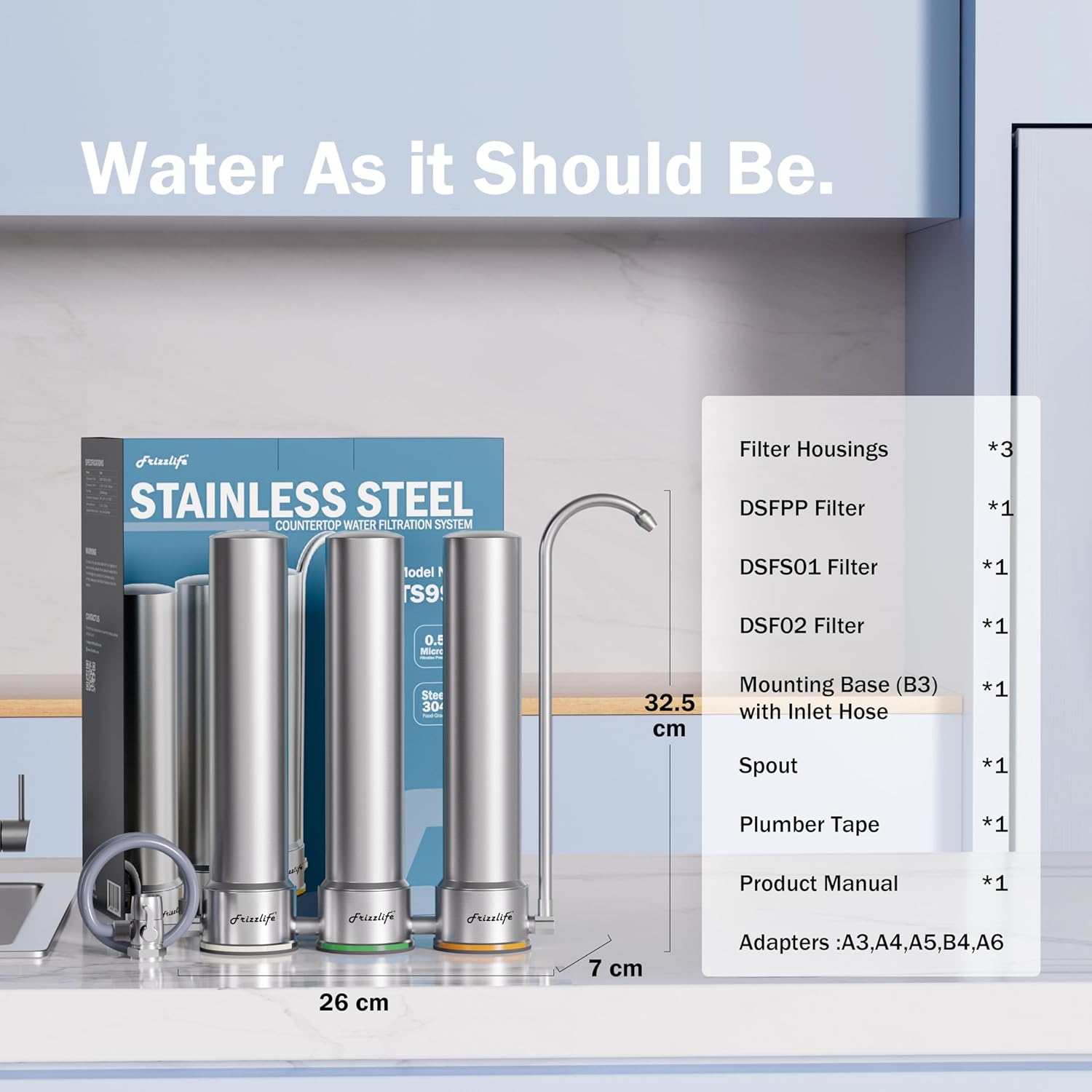 Frizzlife TS99-S water filter system for the worktop, 9-stage water filtration for water taps made of stainless steel, 0.5 micron NSF-certified elements reduce 99.99 % lead, chlorine, heavy metals, boiler stone and lime