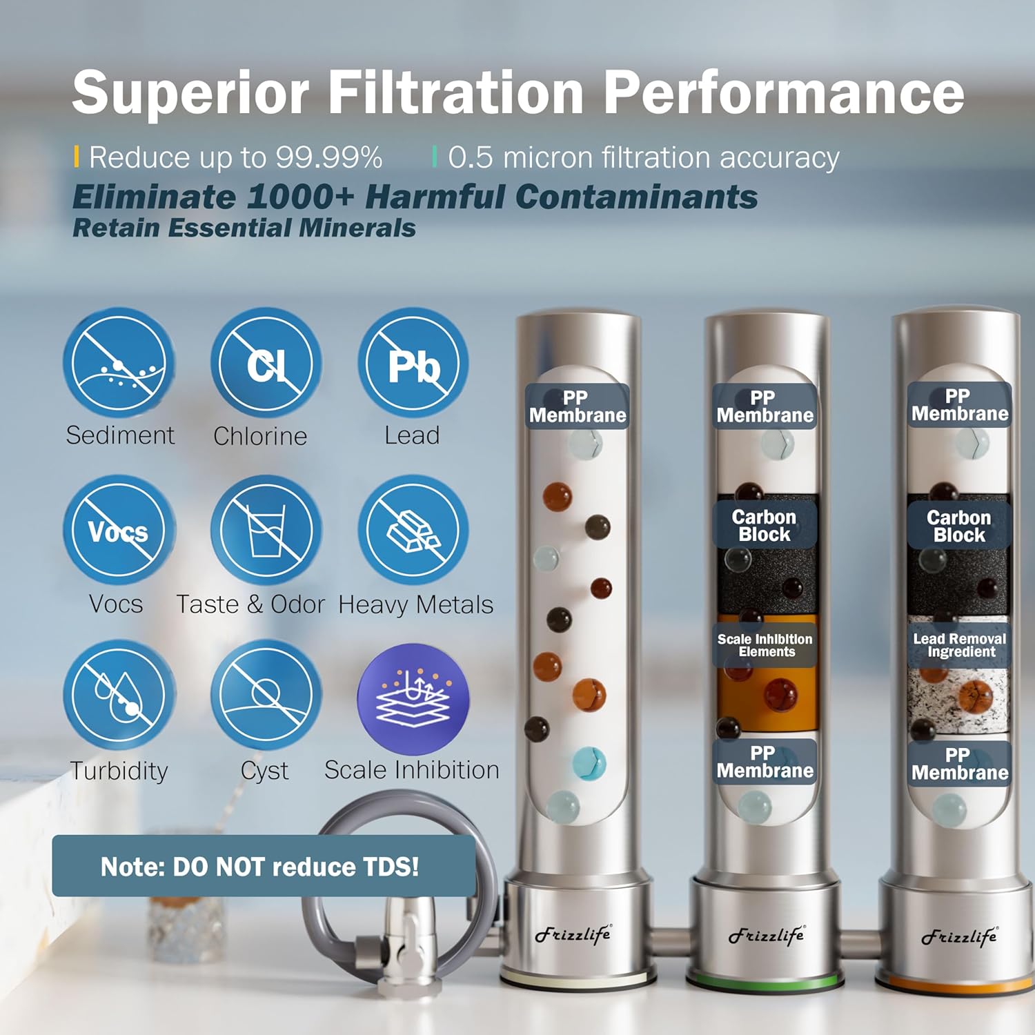Frizzlife TS99-S water filter system for the worktop, 9-stage water filtration for water taps made of stainless steel, 0.5 micron NSF-certified elements reduce 99.99 % lead, chlorine, heavy metals, boiler stone and lime