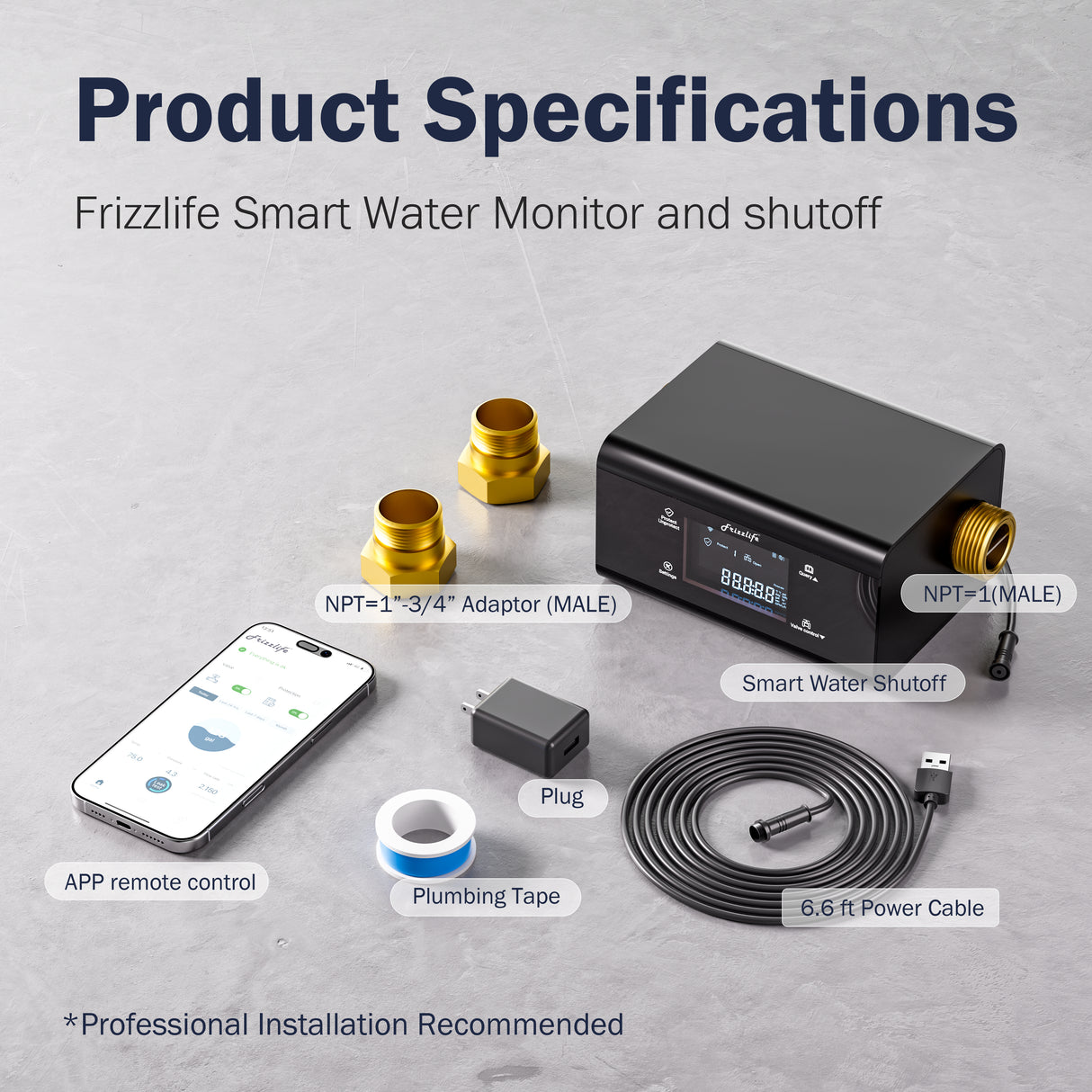Moniteur d'eau intelligent Frizzlife LP365 avec arrêt automatique-0, 04LProtection contre les fuites par ultrasons, Wi-Fi/application, surveillance en temps réel, rapports de consommation d'eau 24h/24 et 7j/7, pour tuyaux de 3/4" et 1".