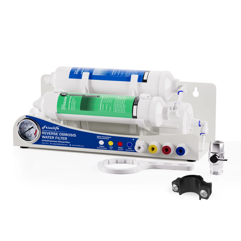 Système d'osmose inverse Frizzlife BFRO100 pour aquariums, système de filtration d'eau potable par osmose inverse à 3 étapes avec manomètre, compact, 100 GPD
