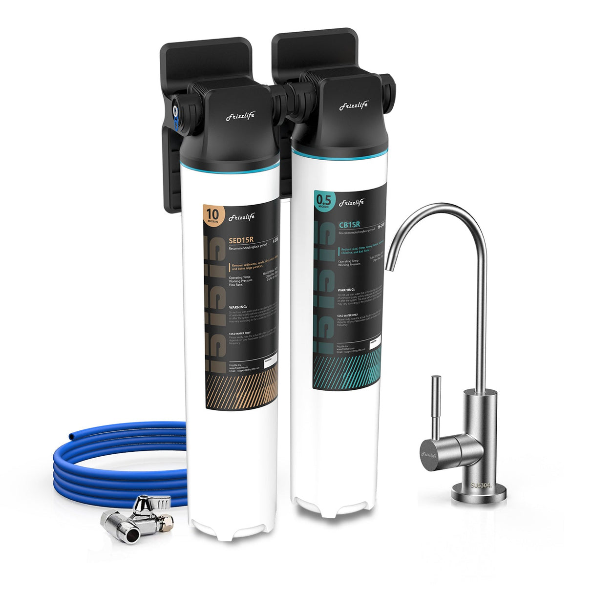 Frizzlife DW10F/DW15F Untertisch-Wasserfiltersystem mit Wasserhahn aus gebürstetem Nickel, NSF/ANSI 53&42 zertifizierte Elemente