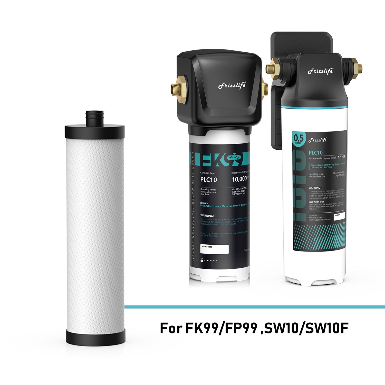 Cartouche filtrante de rechange Frizzlife PLC10 pour système de filtration d'eau sous évier FK99/SW10/SW10F
