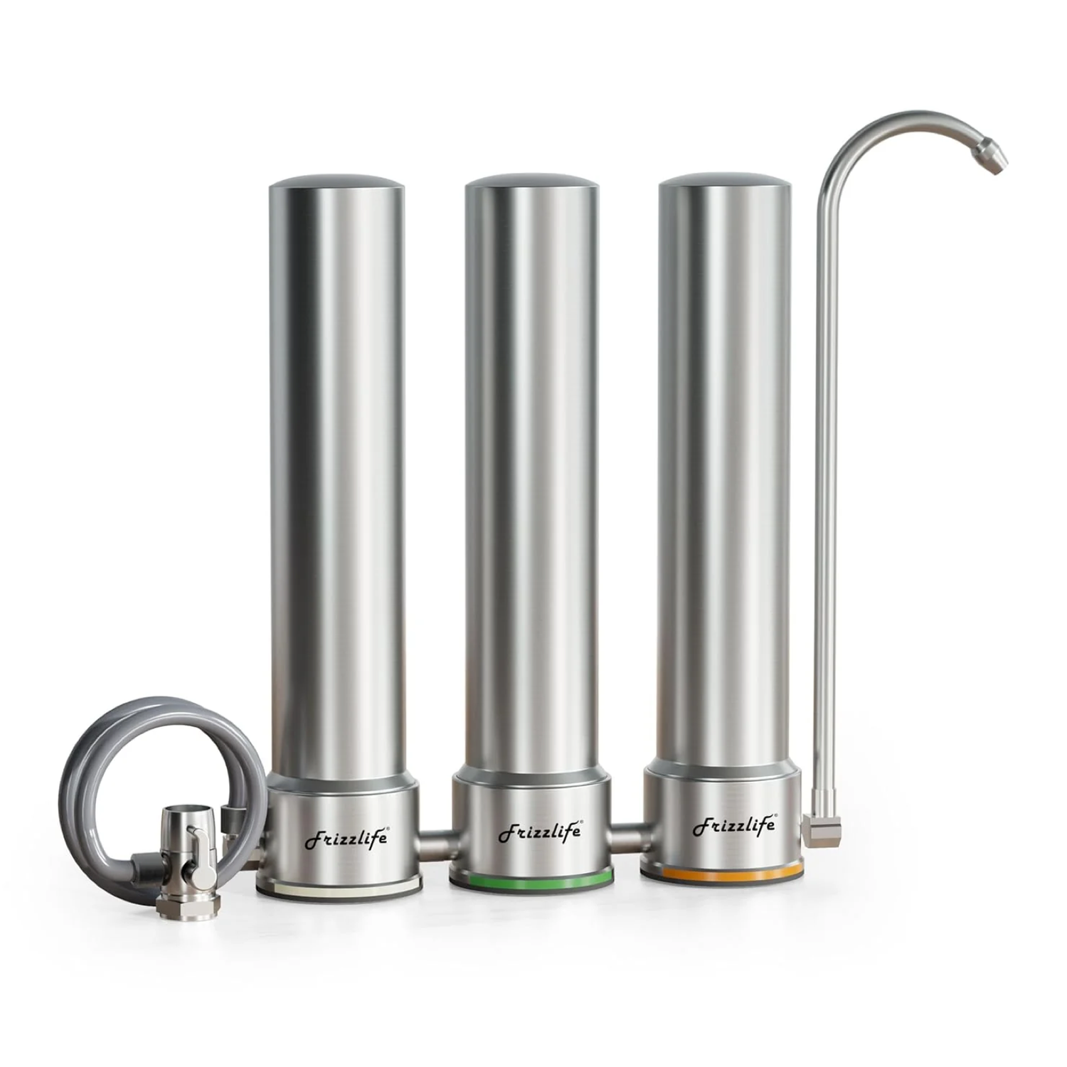 Frizzlife TS99-S water filter system for the worktop, 9-stage water filtration for water taps made of stainless steel, 0.5 micron NSF-certified elements reduce 99.99 % lead, chlorine, heavy metals, boiler stone and lime