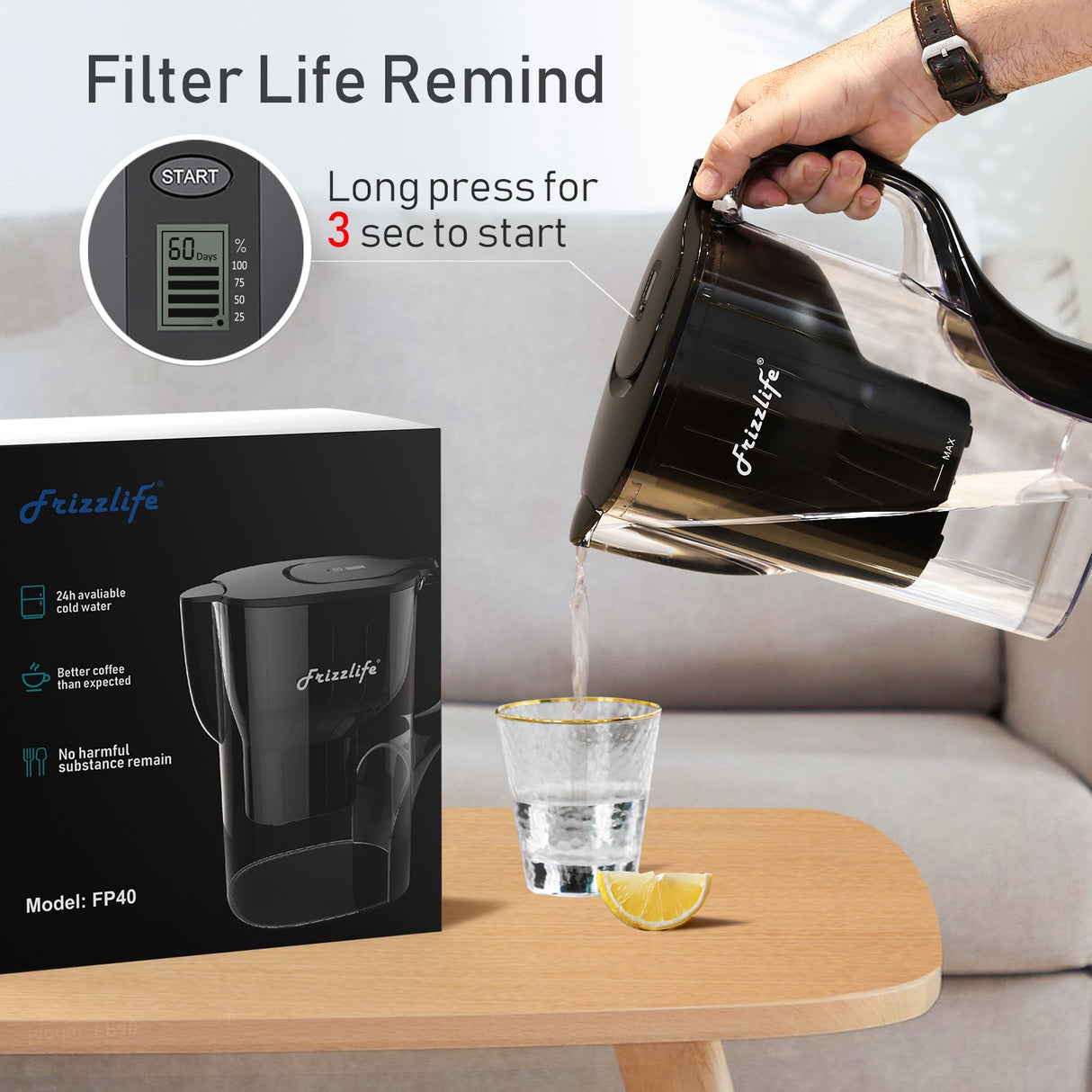 Frizzlife FP40-D Wasserfilter Krug, große 10 Tasse Luftreiniger System mit Filter Life Remind