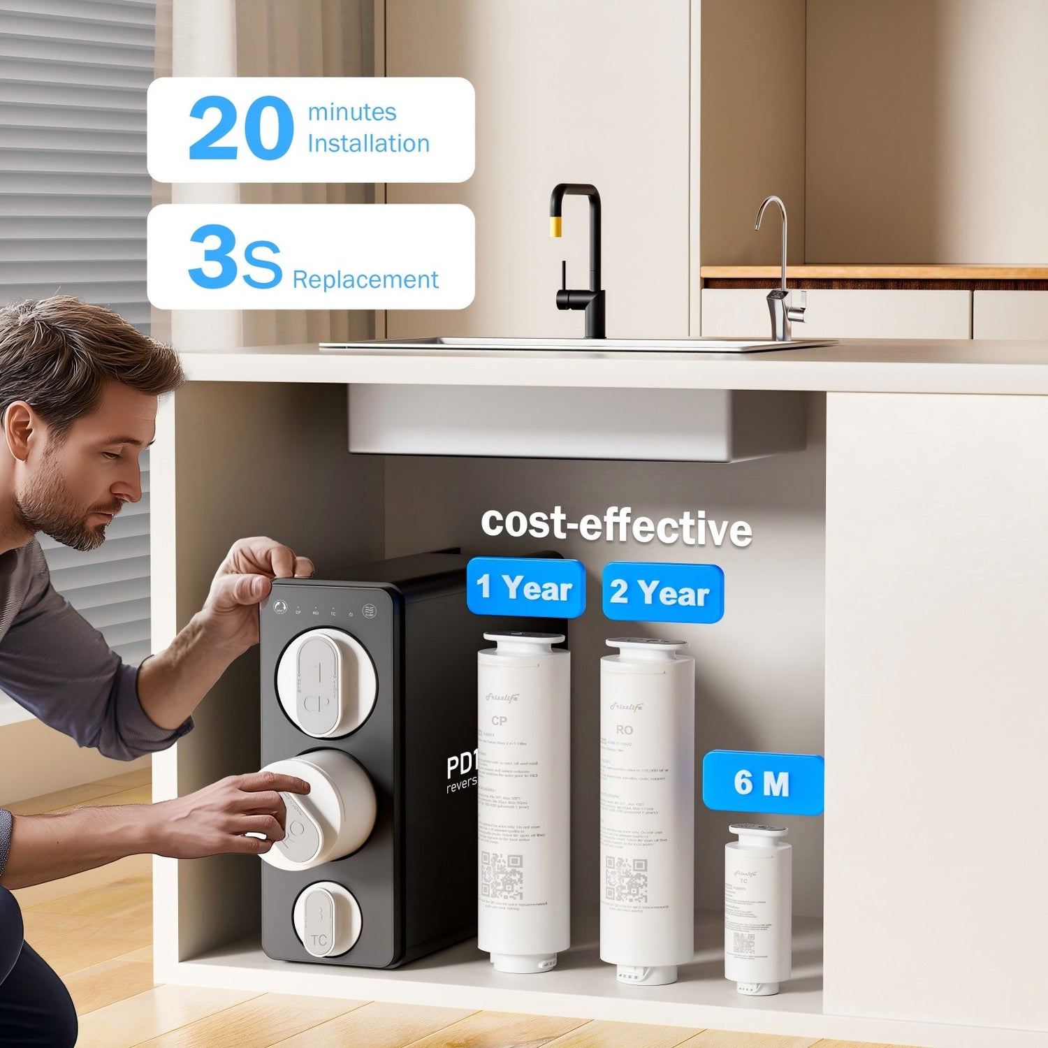 Sistema de filtrado de agua por ósmosis inversa Frizzlife RO: filtro de agua de ósmosis inversa de flujo rápido de 1200 GPD, sin tanque, reduce los sólidos totales disueltos (TDS), compacto, PD1200