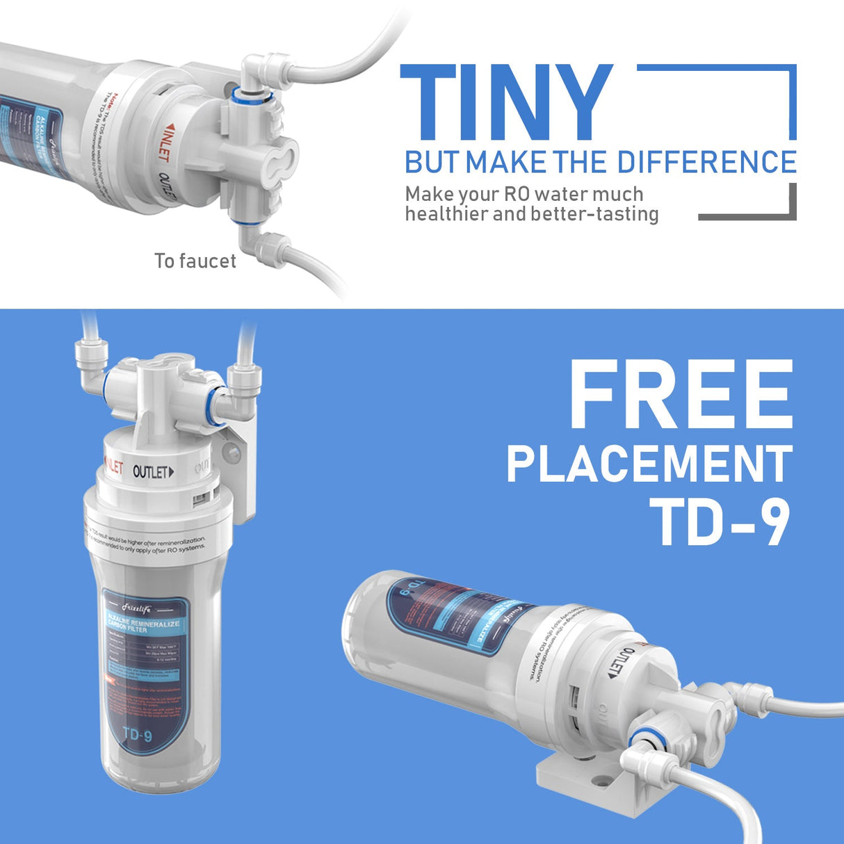 Frizzlife TD-9 Alkaline Remineralization Under Sink Inline Water Filter - Post Filter for RO Reverse Osmosis System