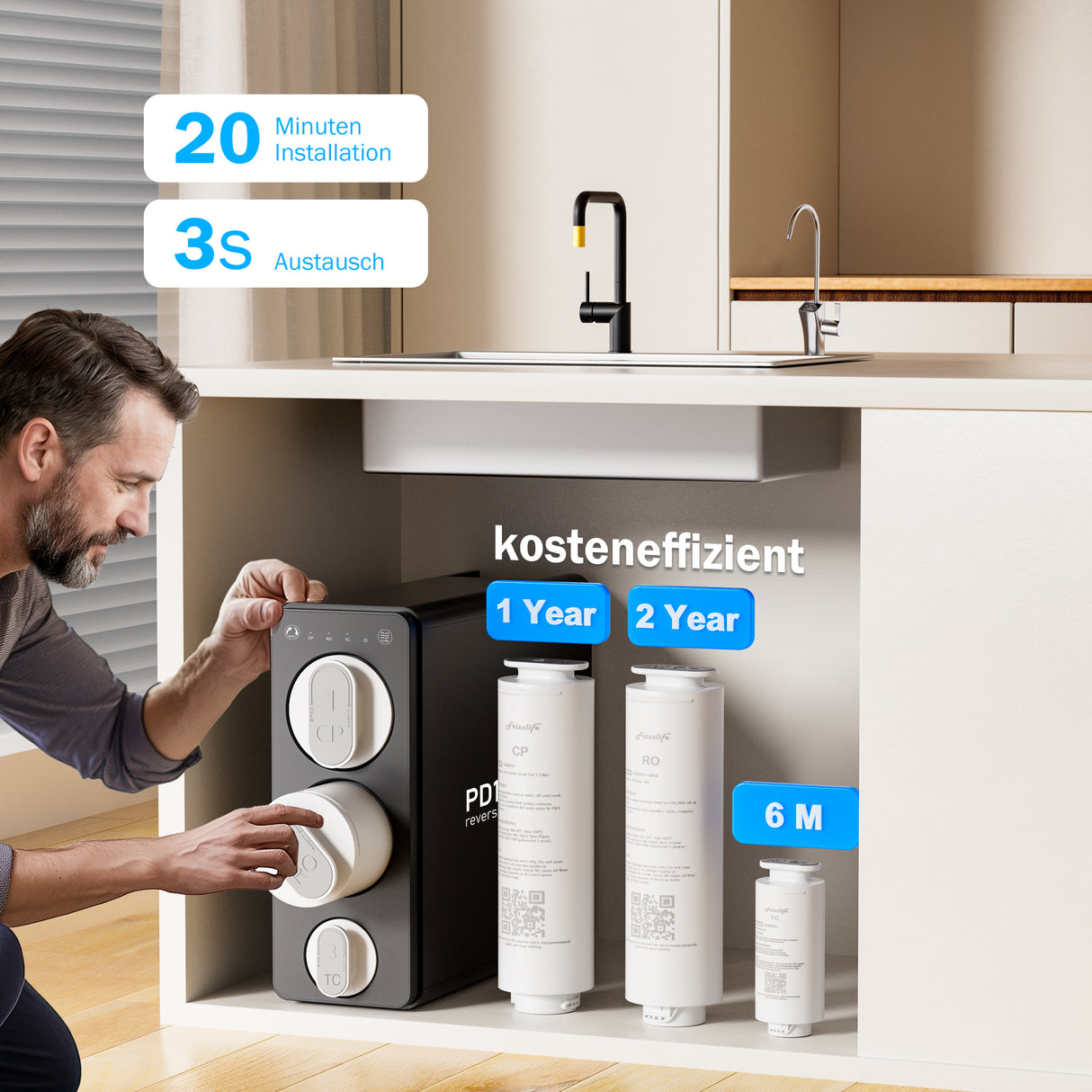 frizzlife Sistema di osmosi inversa sottolavello senza serbatoio PD1200 – Flusso rapido da 1200 GPD