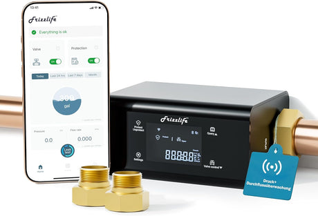 Moniteur d'eau intelligent Frizzlife LP365 avec arrêt automatique-0, 04LProtection contre les fuites par ultrasons, Wi-Fi/application, surveillance en temps réel, rapports de consommation d'eau 24h/24 et 7j/7, pour tuyaux de 3/4" et 1". 