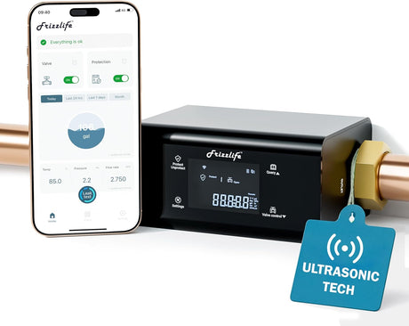 Frizzlife LP365 Intelligenter Wassermonitor mit Auto-Absperrung - 0,04L/min Ultraschall-Leckschutz, WiFi/App, Echtzeit-Monitoring, 24/7 Wasserverbrauchsberichte, für 3/4" & 1" Rohre