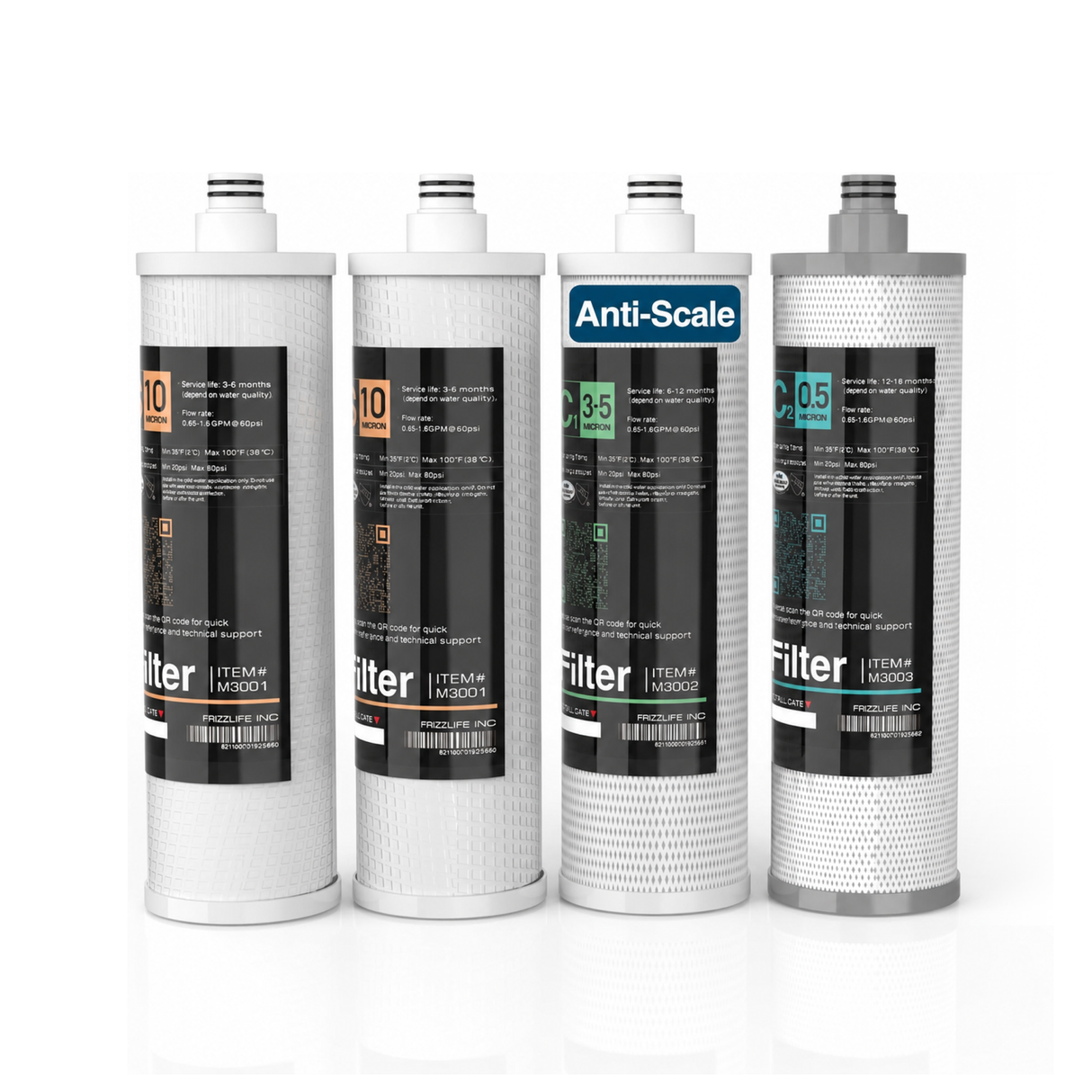Frizzlife MJuego de cartuchos de filtro de repuesto 3005 (4 piezas) para sistemas de filtro de agua debajo del fregadero SK99 y SP99