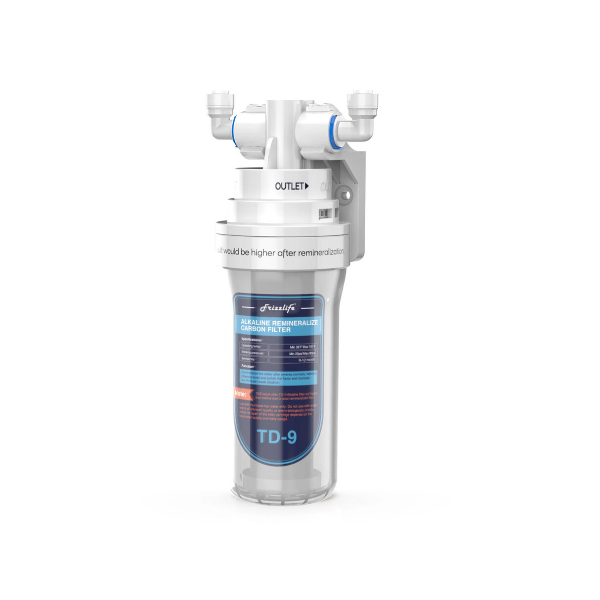 Frizzlife TD-9 alkaline remineralization inline liner filter under the sink-follow-up filter for Ro-reversal osmosesystem